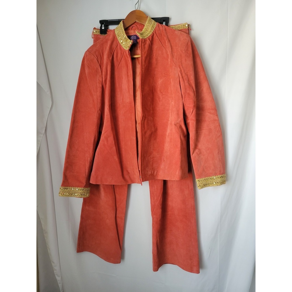 JDS Collection Women's L/12 Rust Orange Suede Leather Sequin‎ Trim 2PC Suit Set